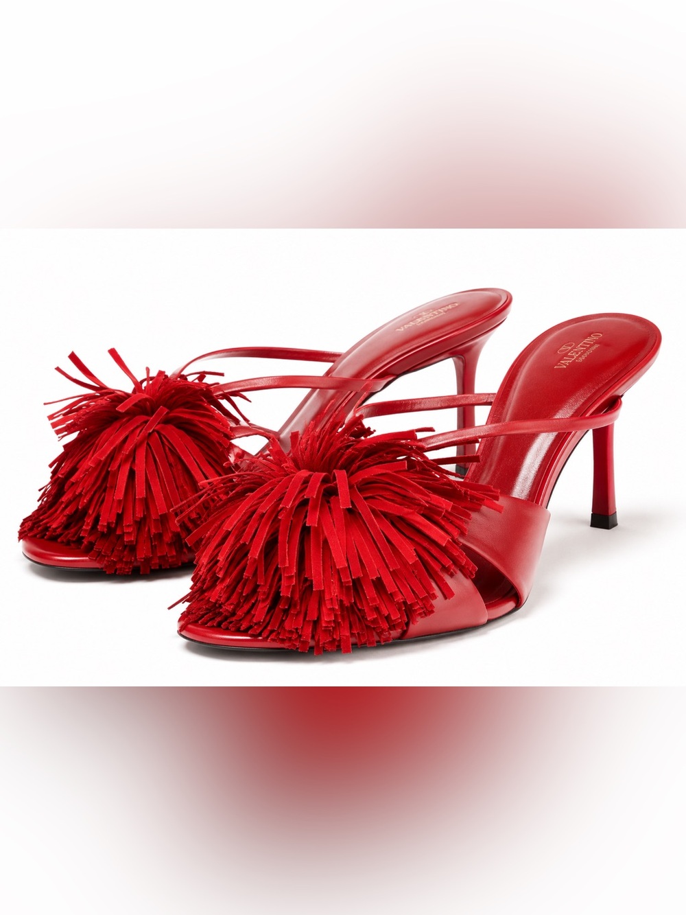 $120 Zara Red Fringe Pom-Pom Open-Toe Stiletto Mule Sandals